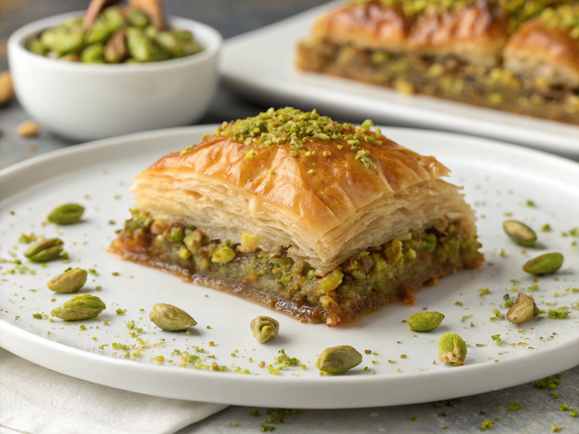 Gyllene baklava med pistage på ett keramikfat